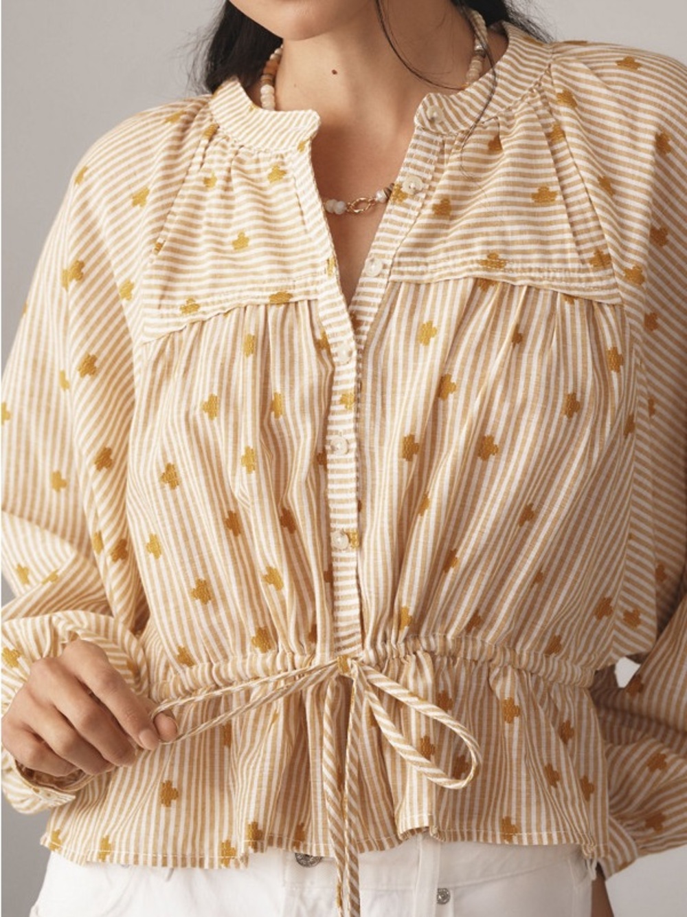 Anthropologie Beige and Gold Striped Button-Down Peasant Top